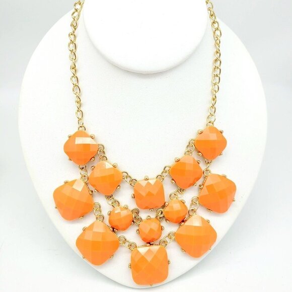 Loud Neon Orange Statement Necklace Acrylic Gold Tone 17"+ Spring Summer Fun - Picture 1 of 5